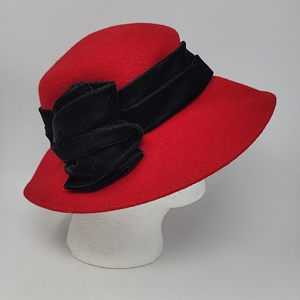 Da-Me Italy Wool Wide Brim Red Hat Velvet Black Ribbon Church Kentucky Derby